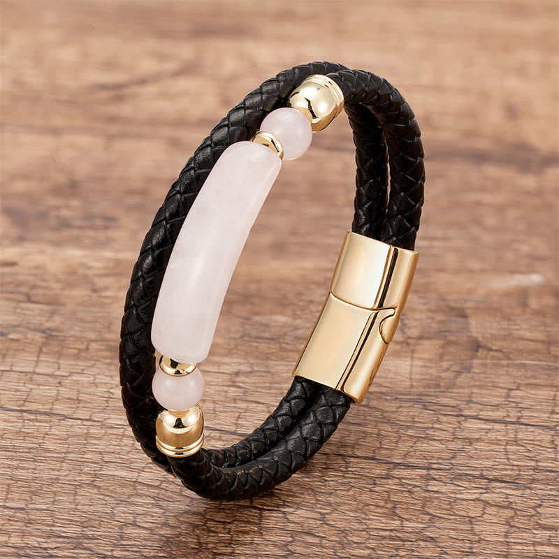Buddha Stones Green Aventurine Tiger Eye Green Agate Black Onyx Hematite Stone Luck Leather Magnetic Buckle Bracelet - Gold - Rose Quartz - 18-22cm - image 24