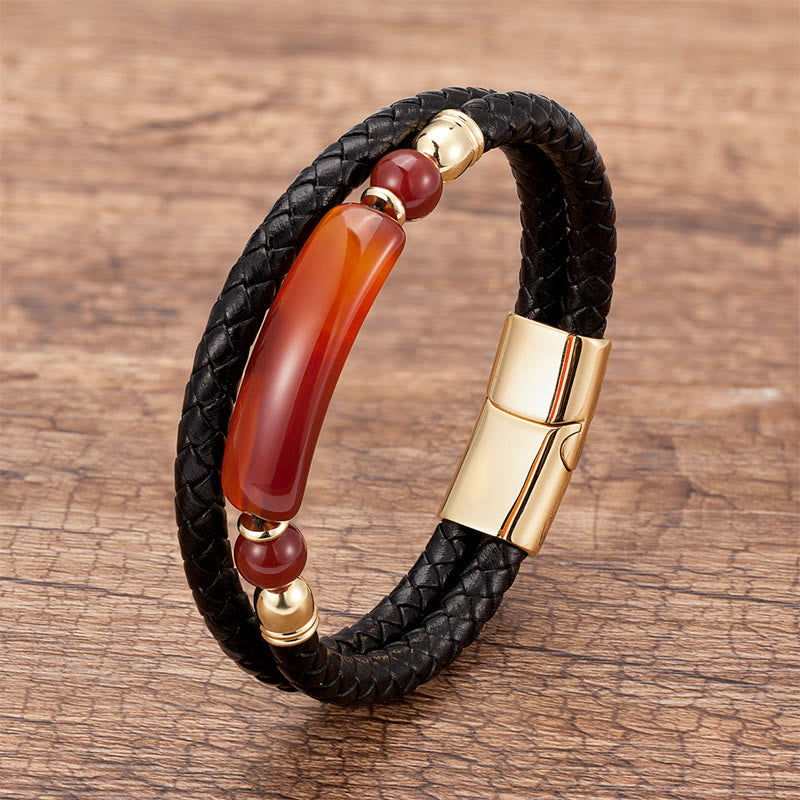 Buddha Stones Green Aventurine Tiger Eye Green Agate Black Onyx Hematite Stone Luck Leather Magnetic Buckle Bracelet - Gold - Red Agate - 18-22cm - image 27