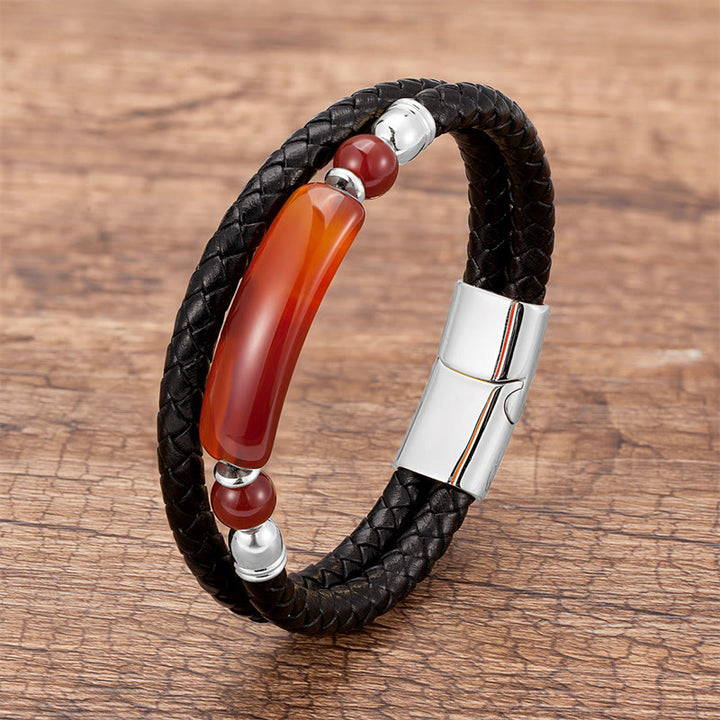 Buddha Stones Green Aventurine Tiger Eye Green Agate Black Onyx Hematite Stone Luck Leather Magnetic Buckle Bracelet - Silver - Red Agate - 18-22cm - image 28