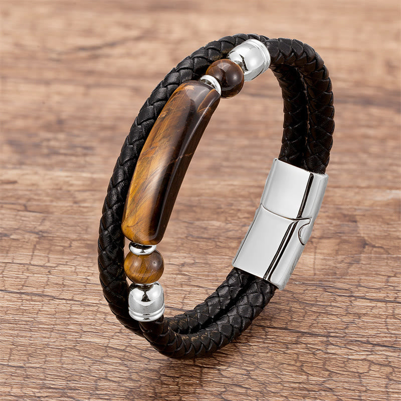 Buddha Stones Green Aventurine Tiger Eye Green Agate Black Onyx Hematite Stone Luck Leather Magnetic Buckle Bracelet - Silver - Tiger Eye - 18-22cm - image 6