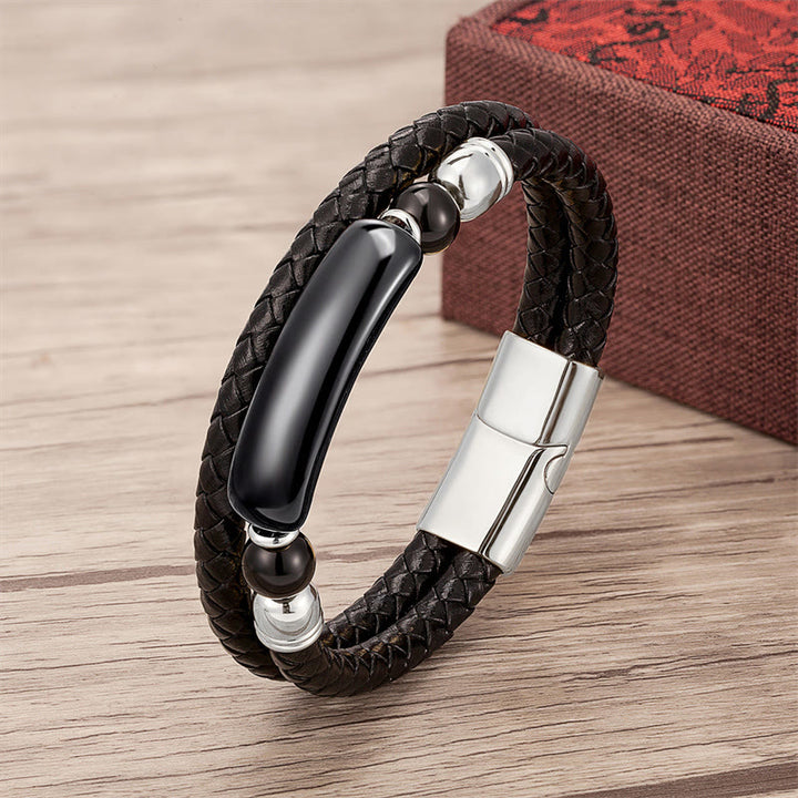 Buddha Stones Green Aventurine Tiger Eye Green Agate Black Onyx Hematite Stone Luck Leather Magnetic Buckle Bracelet - Silver - Black Onyx - 18-22cm - image 12
