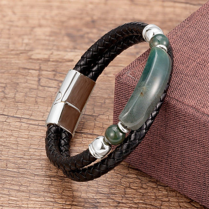 Buddha Stones Green Aventurine Tiger Eye Green Agate Black Onyx Hematite Stone Luck Leather Magnetic Buckle Bracelet - Silver - Green Agate - 18-22cm - image 16