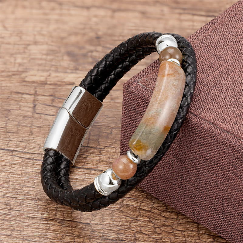 Buddha Stones Green Aventurine Tiger Eye Green Agate Black Onyx Hematite Stone Luck Leather Magnetic Buckle Bracelet - Silver - Agate - 18-22cm - image 9