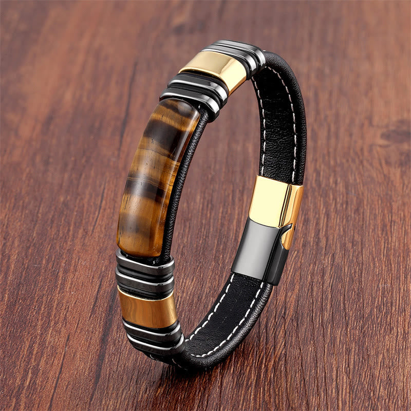 Buddha Stones Tiger Eye Stone Clear Thinking Leather Buckle Bracelet - Tiger Eye-Gold Black - 18-22cm - image 1