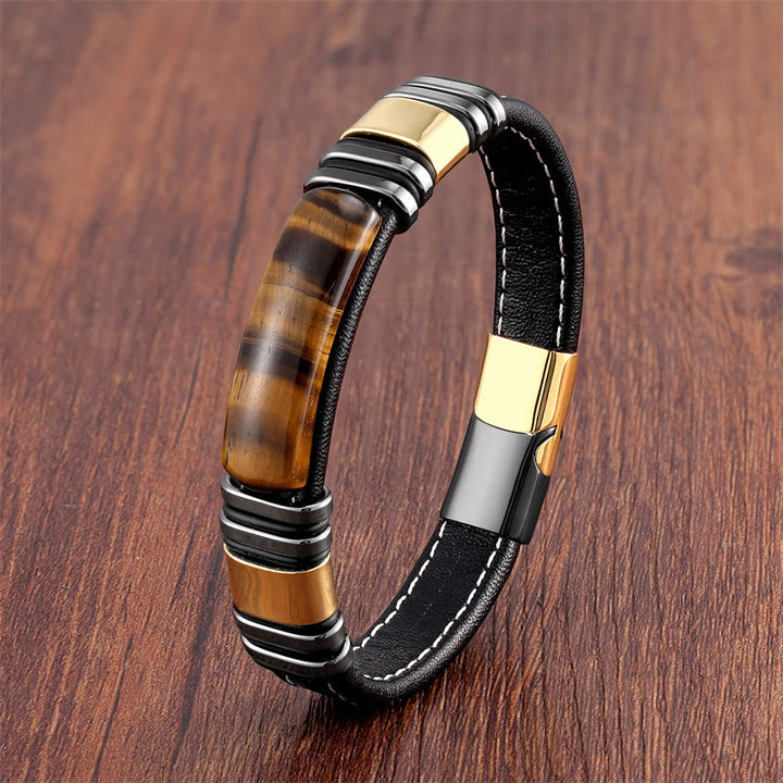 Buddha Stones Tiger Eye Stone Clear Thinking Leather Buckle Bracelet - Tiger Eye-Gold Black - 18-22cm - image 1