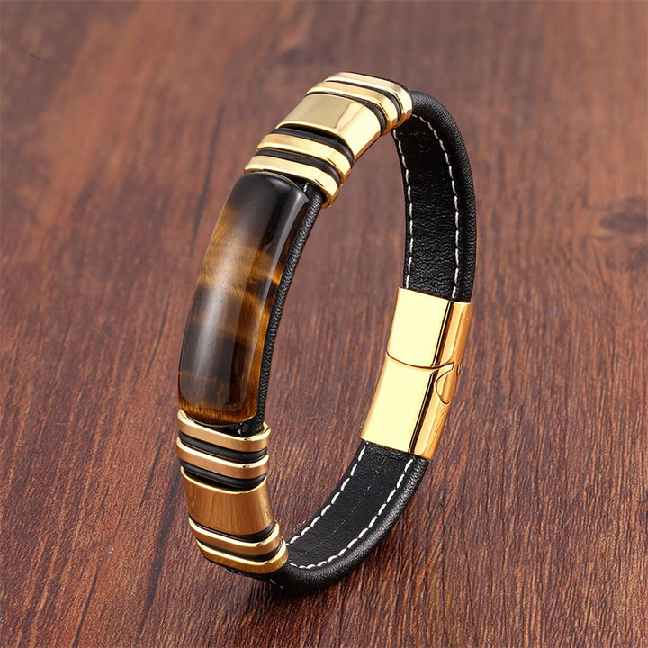 Buddha Stones Tiger Eye Stone Clear Thinking Leather Buckle Bracelet - Tiger Eye-Gold - 18-22cm - image 3