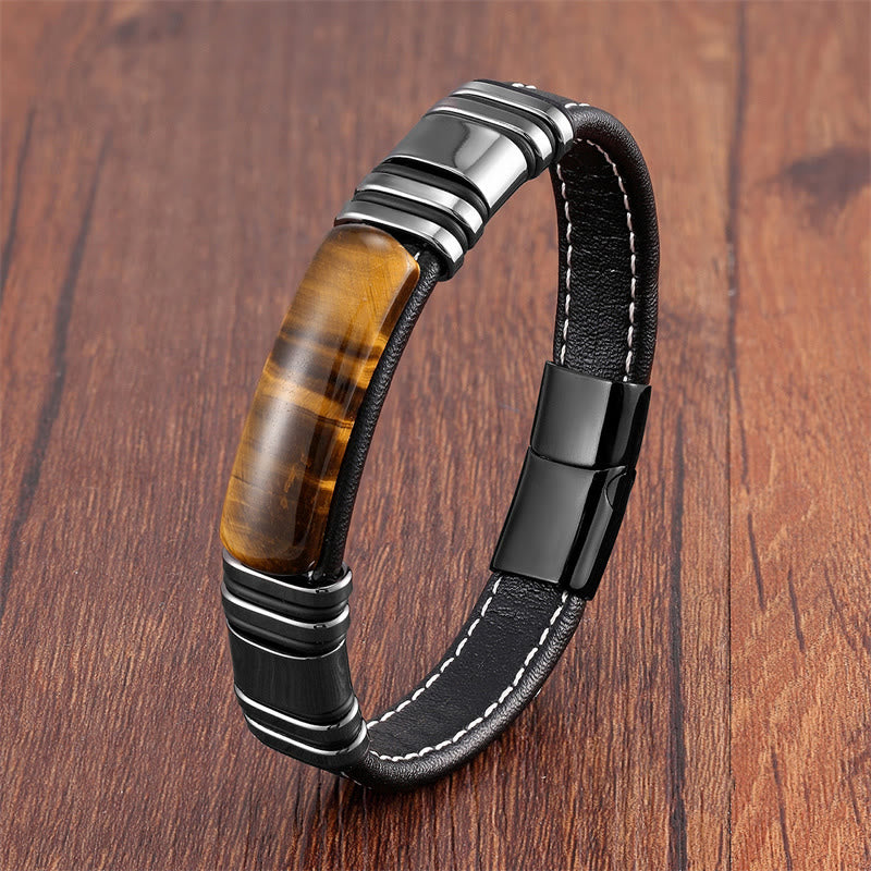 Buddha Stones Tiger Eye Stone Clear Thinking Leather Buckle Bracelet - Tiger Eye-Black - 18-22cm - image 5