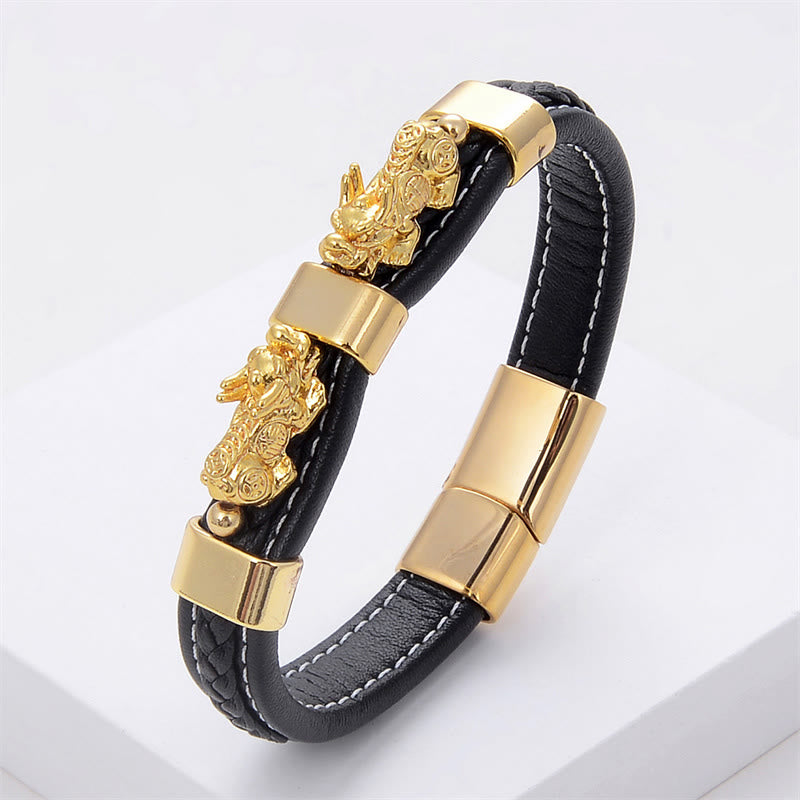 Buddha Stones Double PiXiu Wealth Luck Leather Magnetic Buckle Bracelet - Gold PiXiu - 18-22cm - image 1