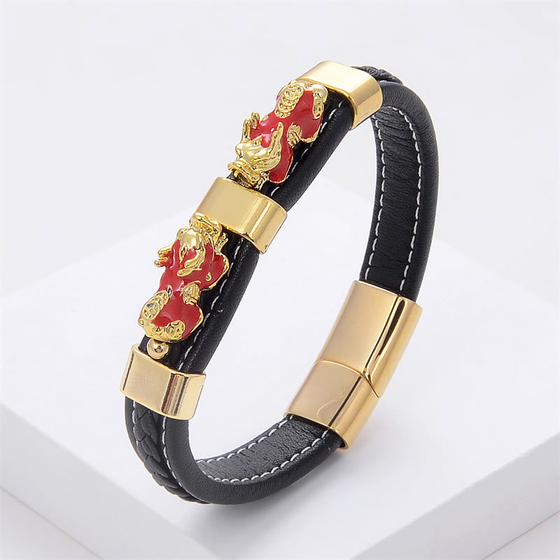 Buddha Stones Double PiXiu Wealth Luck Leather Magnetic Buckle Bracelet - Red PiXiu - 18-22cm - image 8