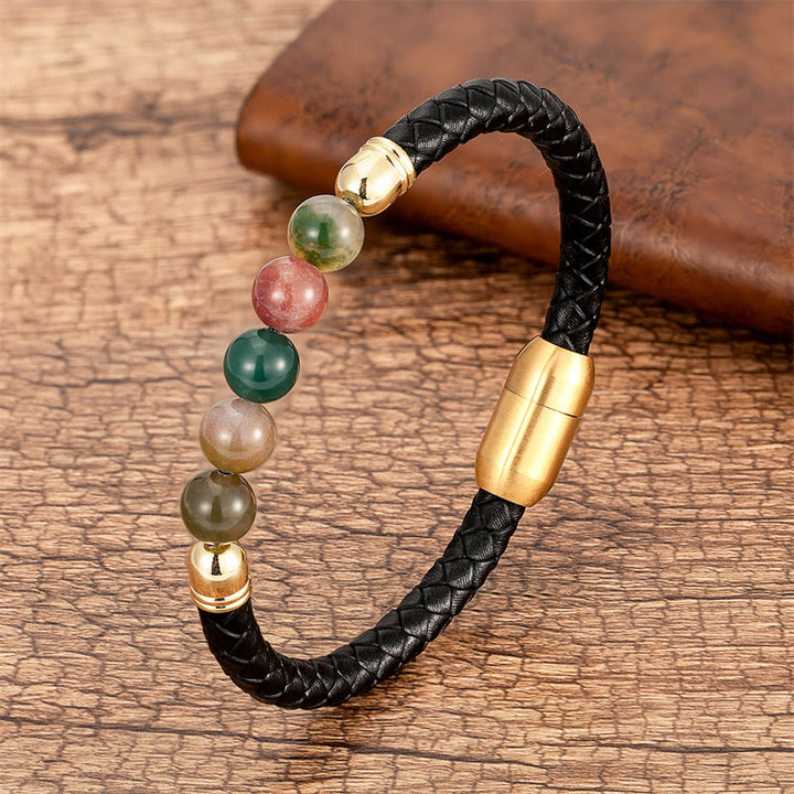 Buddha Stones Blue Agate Tiger Eye Lava Rock Black Onyx Lazurite Bead Protection Leather Bracelet - Agate - 18-22cm - image 1