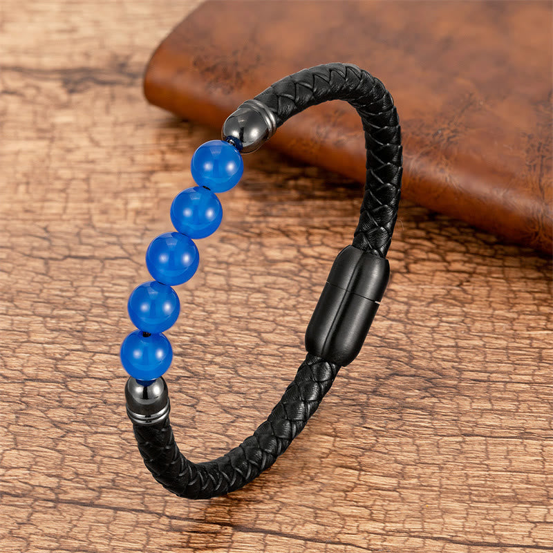 Buddha Stones Blue Agate Tiger Eye Lava Rock Black Onyx Lazurite Bead Protection Leather Bracelet - Blue Agate - 18-22cm - image 2