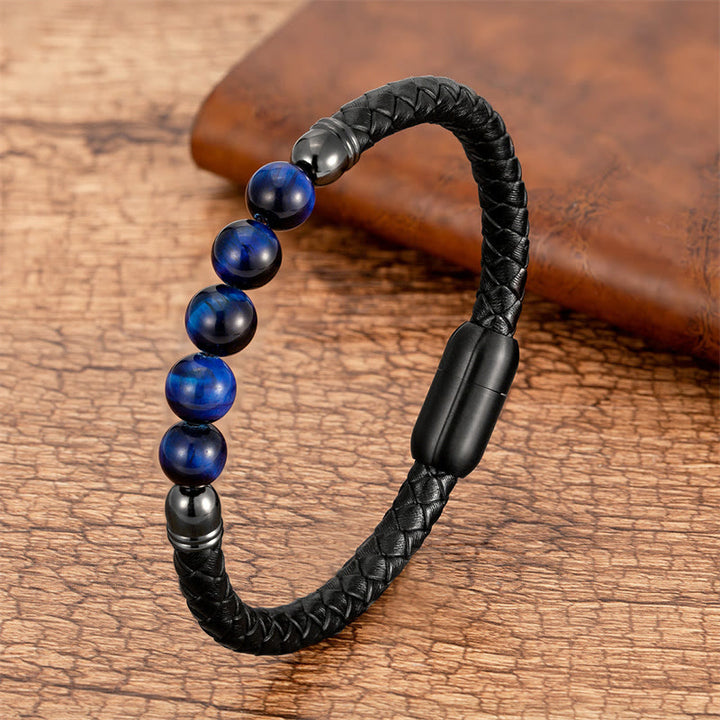 Buddha Stones Blue Agate Tiger Eye Lava Rock Black Onyx Lazurite Bead Protection Leather Bracelet - Blue Tiger Eye - 18-22cm - image 5