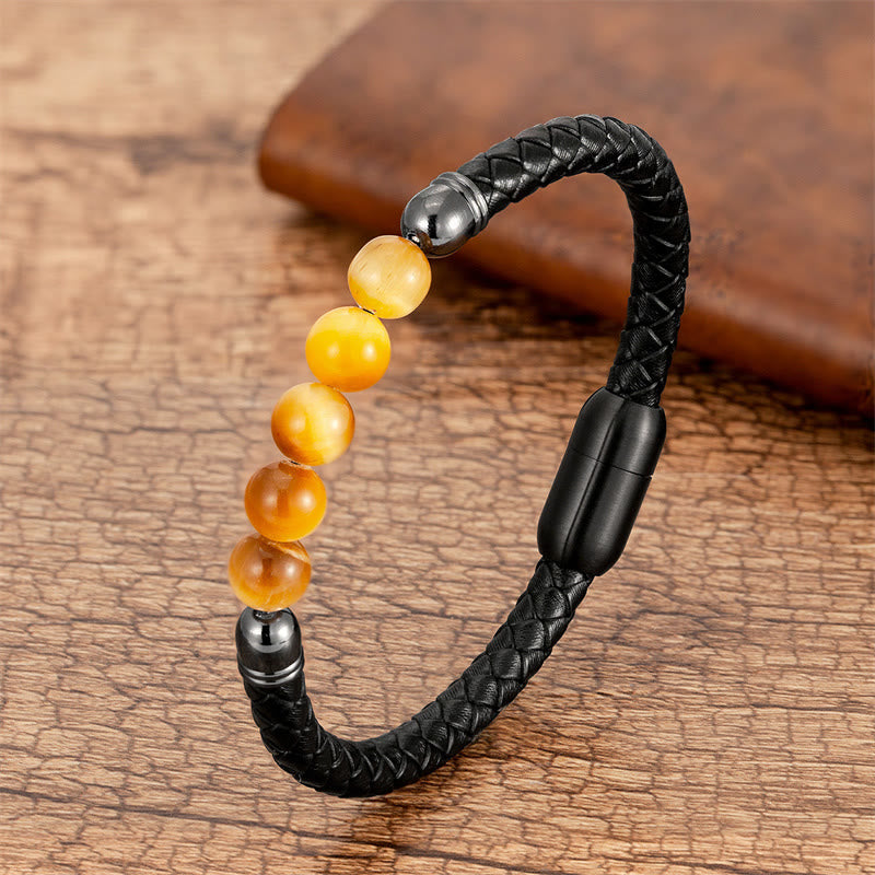 Buddha Stones Blue Agate Tiger Eye Lava Rock Black Onyx Lazurite Bead Protection Leather Bracelet - Golden Tiger Eye - 18-22cm - image 7