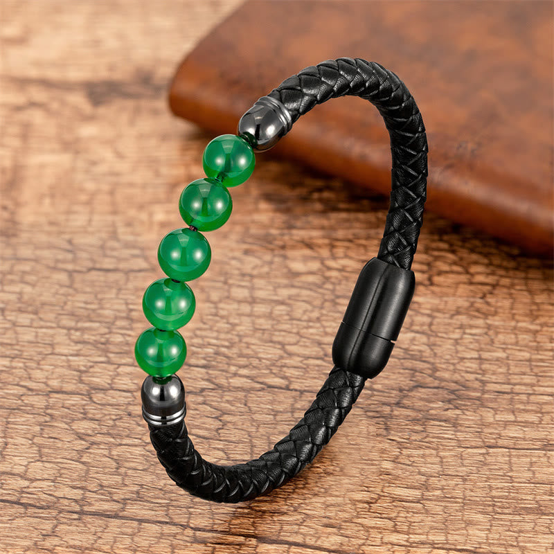 Buddha Stones Blue Agate Tiger Eye Lava Rock Black Onyx Lazurite Bead Protection Leather Bracelet - Green Agate - 18-22cm - image 8