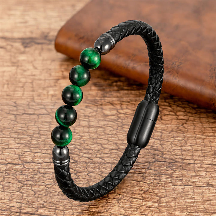 Buddha Stones Blue Agate Tiger Eye Lava Rock Black Onyx Lazurite Bead Protection Leather Bracelet - Green Tiger Eye - 18-22cm - image 10