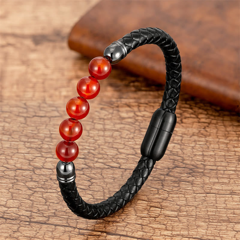 Buddha Stones Blue Agate Tiger Eye Lava Rock Black Onyx Lazurite Lapis Lazuli Bead Protection Leather Bracelet - Red Agate - 18-22cm - image 14