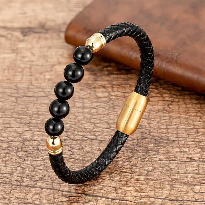Buddha Stones Blue Agate Tiger Eye Lava Rock Black Onyx Lazurite Bead Protection Leather Bracelet - Black Onyx - 18-22cm - image 17