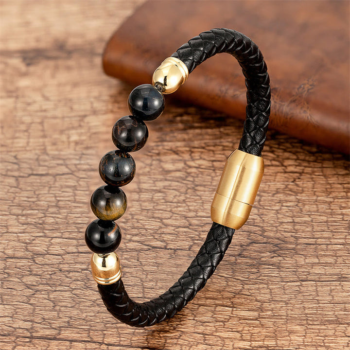 Buddha Stones Blue Agate Tiger Eye Lava Rock Black Onyx Lazurite Bead Protection Leather Bracelet - Black Yellow Tiger Eye - 18-22cm - image 19