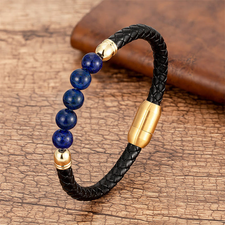 Buddha Stones Blue Agate Tiger Eye Lava Rock Black Onyx Lazurite Bead Protection Leather Bracelet