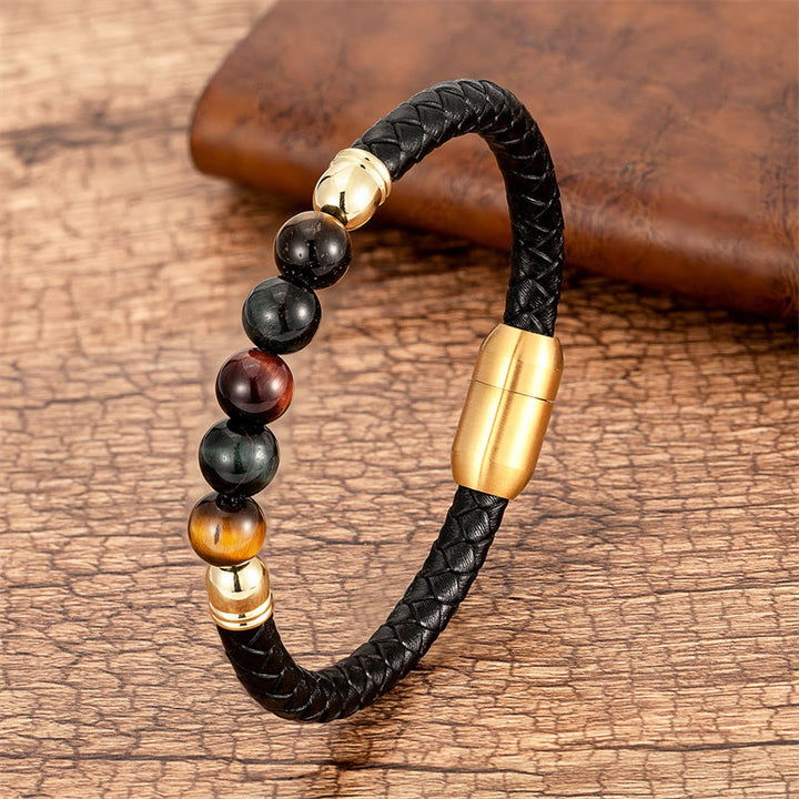 Buddha Stones Blue Agate Tiger Eye Lava Rock Black Onyx Lazurite Bead Protection Leather Bracelet - Red Black Tiger Eye - 18-22cm - image 22