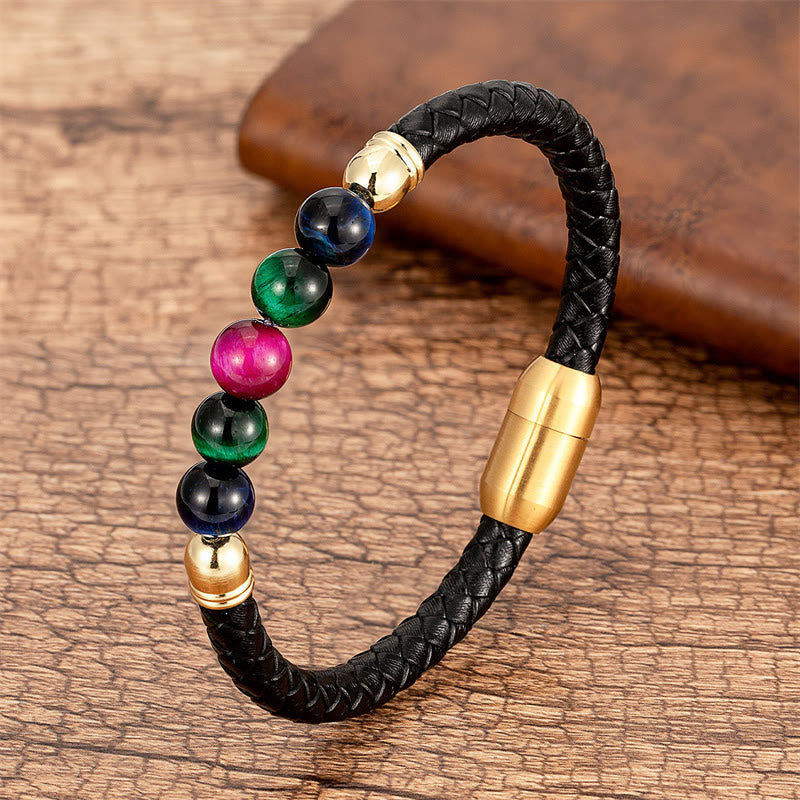 Buddha Stones Blue Agate Tiger Eye Lava Rock Black Onyx Lazurite Bead Protection Leather Bracelet - Rose Red Green Blue Tiger Eye - 18-22cm - image 23