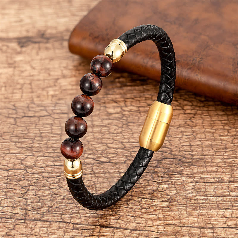 Buddha Stones Blue Agate Tiger Eye Lava Rock Black Onyx Lazurite Bead Protection Leather Bracelet - Brown Red Tiger Eye - 18-22cm - image 24