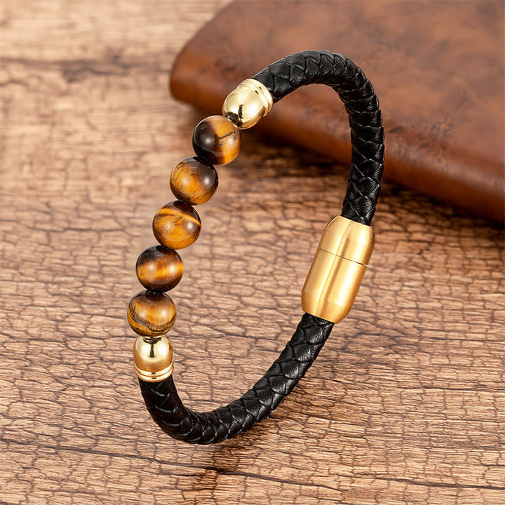 Buddha Stones Blue Agate Tiger Eye Lava Rock Black Onyx Lazurite Bead Protection Leather Bracelet - Tiger Eye - 18-22cm - image 25