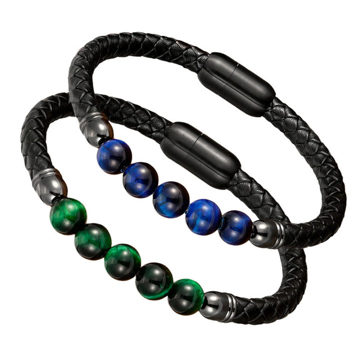 Buddha Stones Blue Agate Tiger Eye Lava Rock Black Onyx Lazurite Bead Protection Leather Bracelet