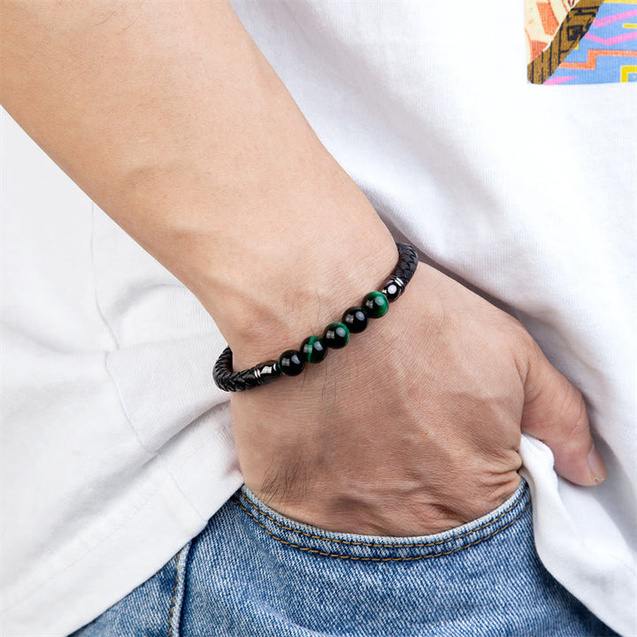 Buddha Stones Blue Agate Tiger Eye Lava Rock Black Onyx Lazurite Bead Protection Leather Bracelet - image 11