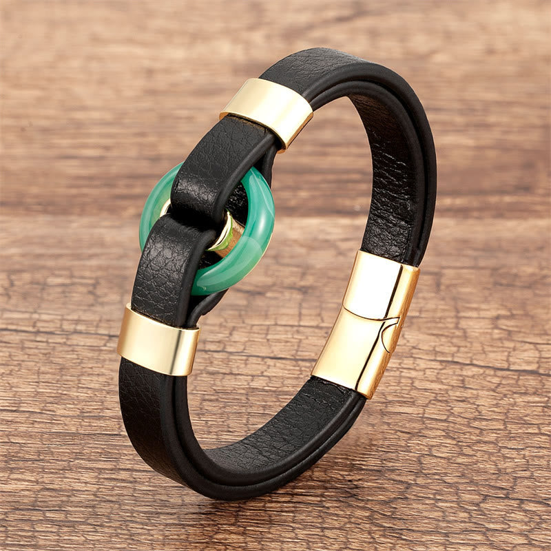 Buddha Stones Round Green Aventurine Black Onyx Hematite Agate Rose Quartz Stone Balance Leather Magnetic Buckle Bracelet - Green Aventurine-Gold - 18-22cm - image 1