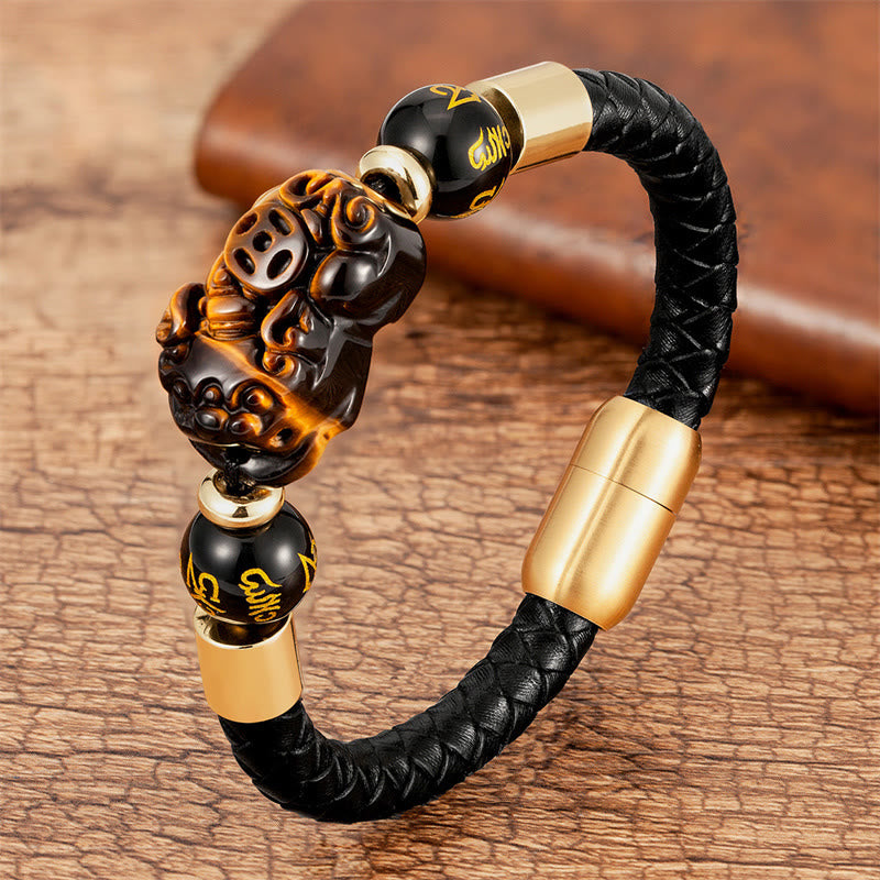 Buddha Stones Tiger Eye Black Onyx Red Agate PiXiu Copper Coin Om Mani Padme Hum Strength Leather Bracelet - Tiger Eye - 18-22cm - image 1