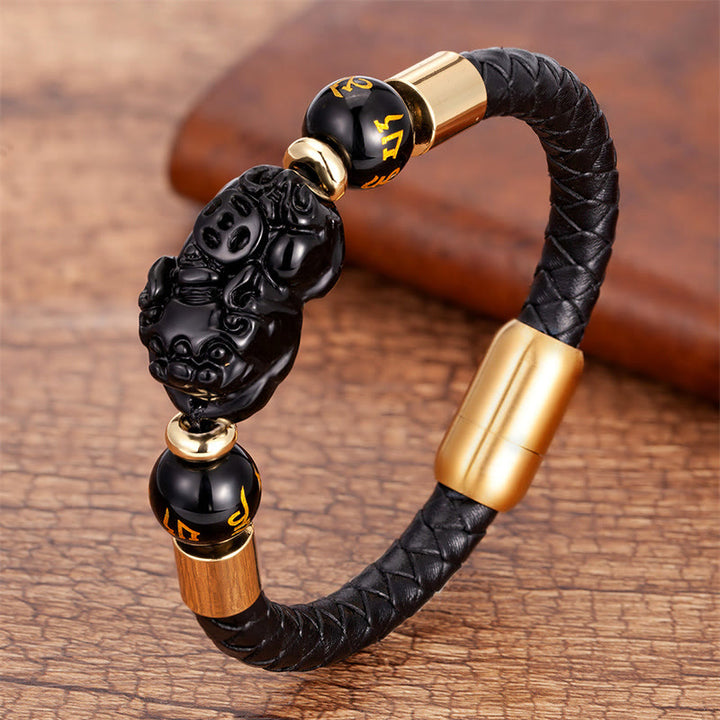 Buddha Stones Tiger Eye Black Onyx Red Agate PiXiu Copper Coin Om Mani Padme Hum Strength Leather Bracelet - Black Onyx - 18-22cm - image 6