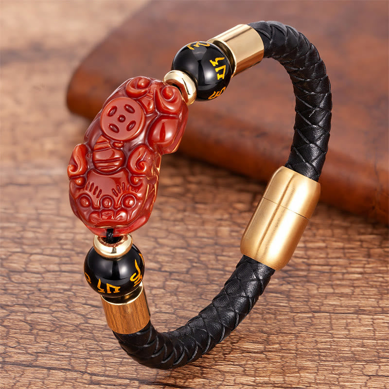 Buddha Stones Tiger Eye Black Onyx Red Agate PiXiu Copper Coin Om Mani Padme Hum Strength Leather Bracelet - Red Agate - 18-22cm - image 10