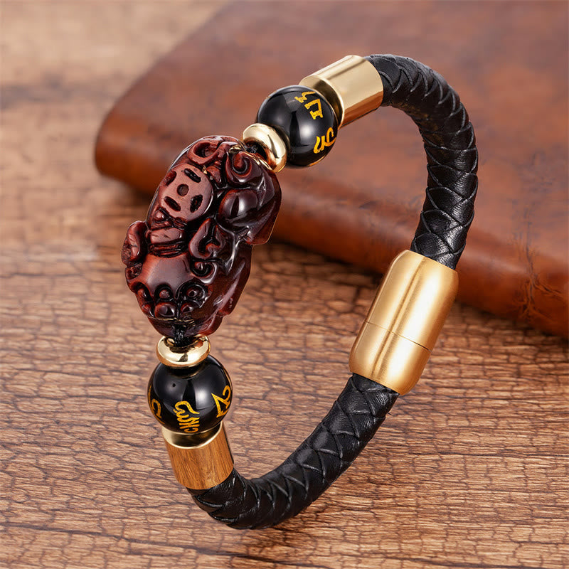 Buddha Stones Tiger Eye Black Onyx Red Agate PiXiu Copper Coin Om Mani Padme Hum Strength Leather Bracelet - Red Tiger Eye - 18-22cm - image 12