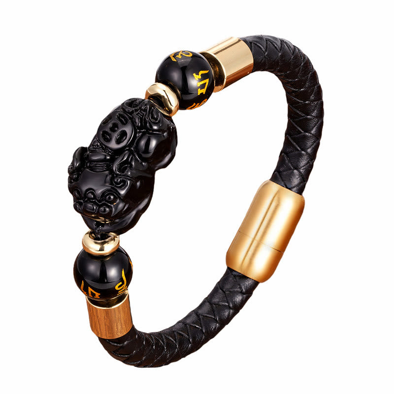 Buddha Stones Tiger Eye Black Onyx Red Agate PiXiu Copper Coin Om Mani Padme Hum Strength Leather Bracelet - image 7