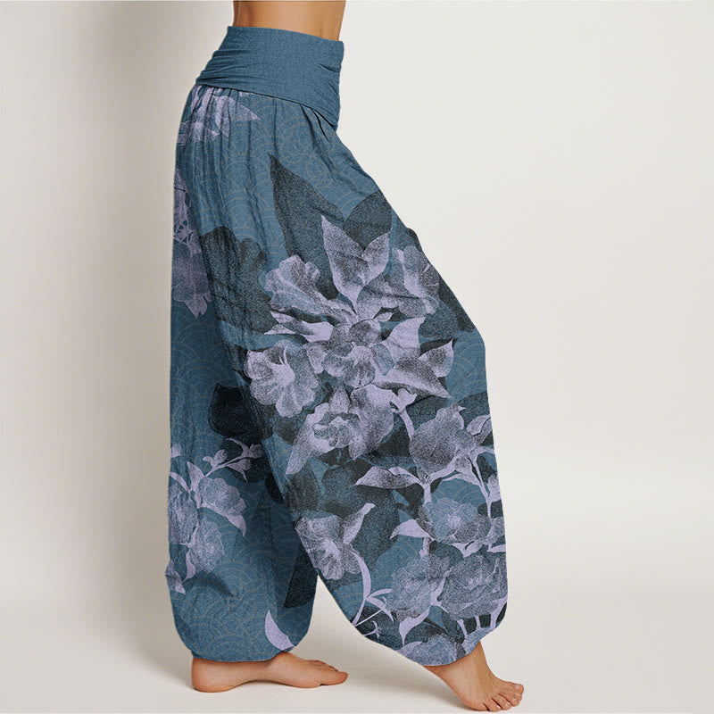 Buddha Stones White Flowers Pattern Women's Elastic Waist Harem Pants