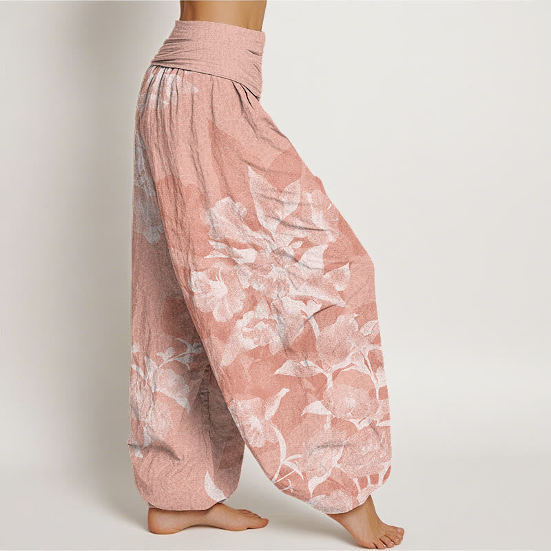 Buddha Stones White Flowers Pattern Women's Elastic Waist Harem Pants