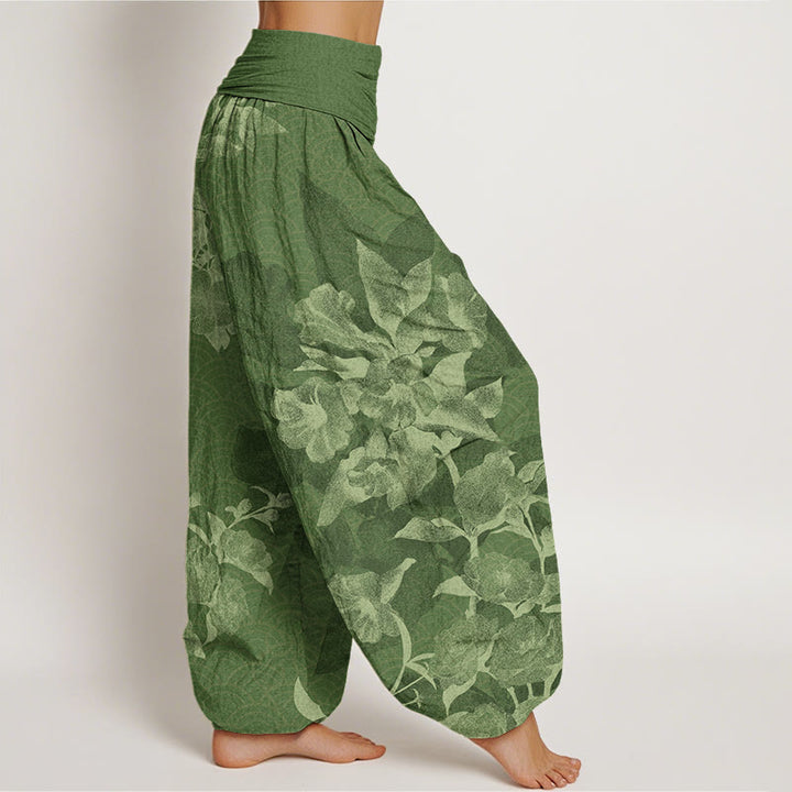 Buddha Stones White Flowers Pattern Women's Elastic Waist Harem Pants