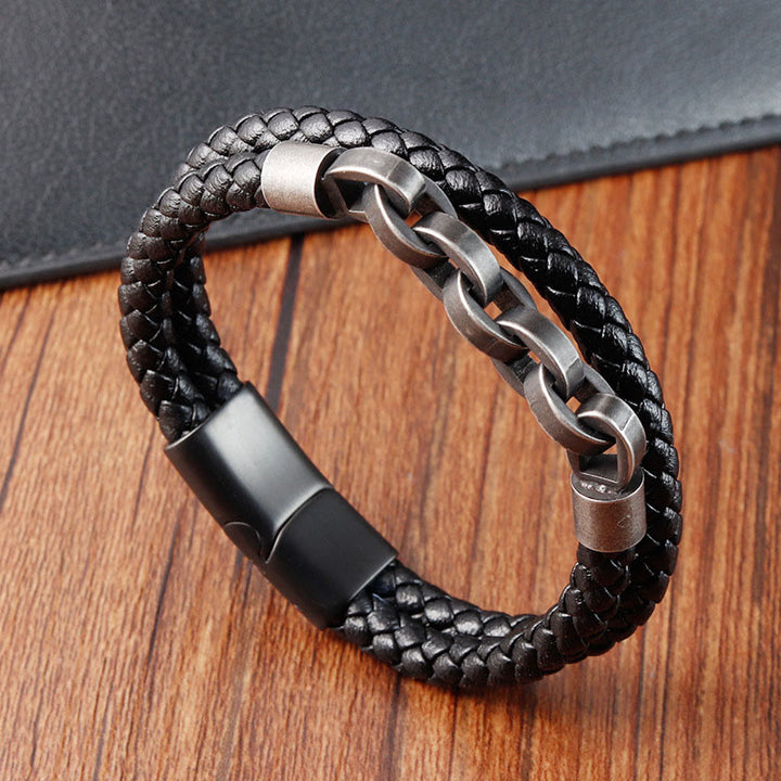Buddha Stones Chain Design Titanium Steel Balance Leather Braided Buckle Bracelet - Double Layer(Wrist Circumference 17-19cm) - image 0