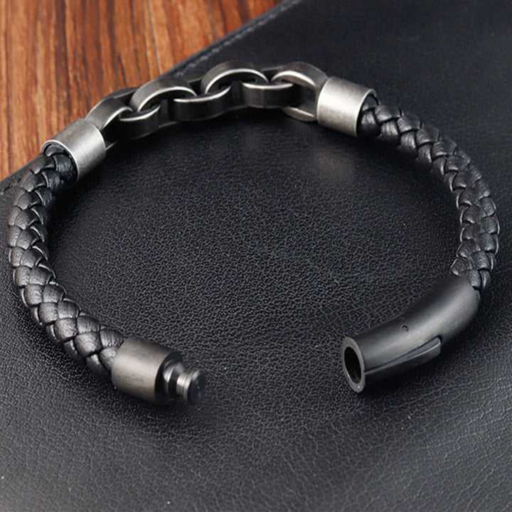 Buddha Stones Chain Design Titanium Steel Balance Leather Braided Buckle Bracelet