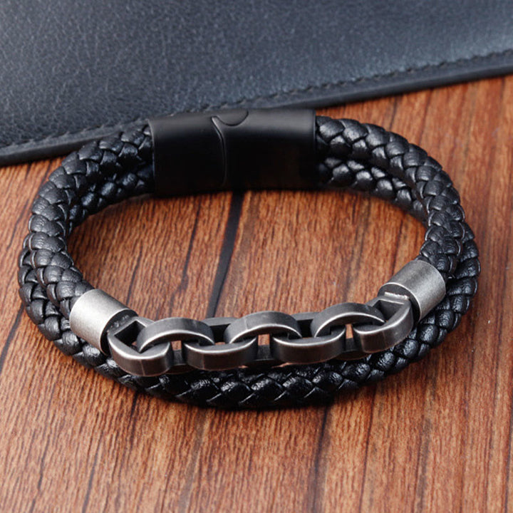 Buddha Stones Chain Design Titanium Steel Balance Leather Braided Buckle Bracelet