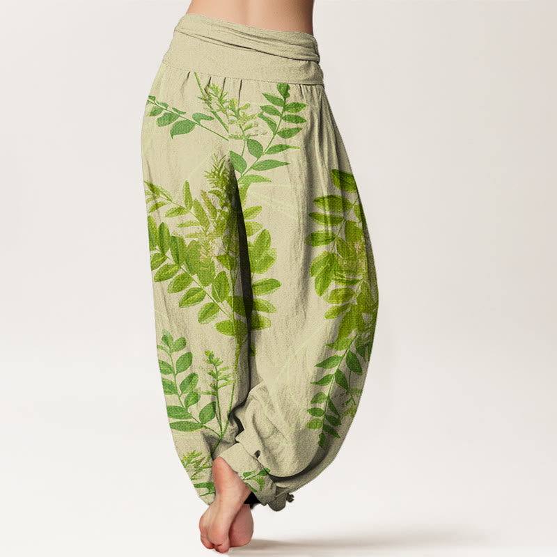 Buddha Stones Green Leaves Branches Women's Elastic Waist Harem Pants - image 1