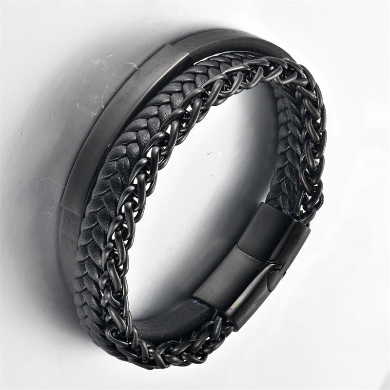 Buddha Stones Multi-layered Titanium Steel Calm Leather Buckle Bracelet - image 1