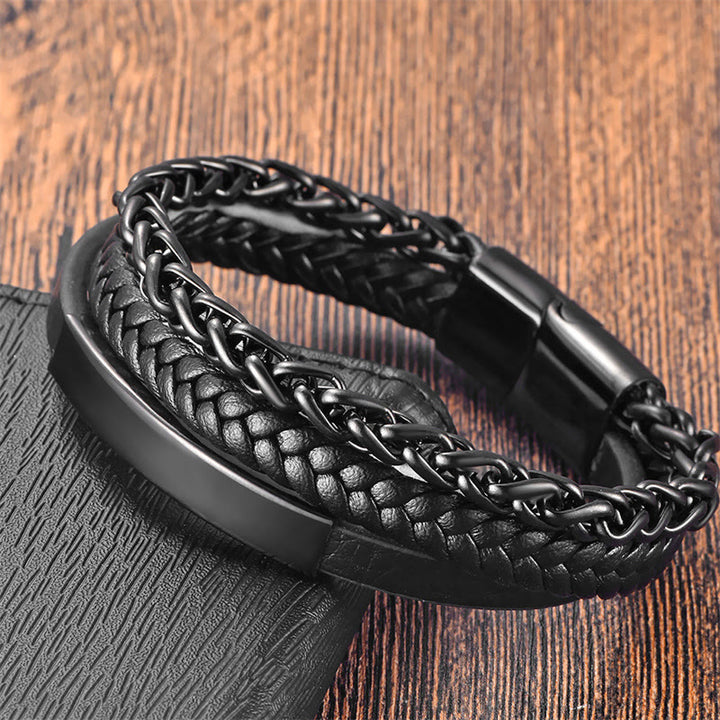 Buddha Stones Multi-layered Titanium Steel Calm Leather Buckle Bracelet - Black(Wrist Circumference: 18-20cm) - image 0