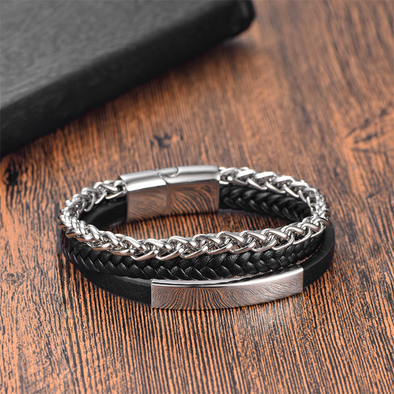 Buddha Stones Multi-layered Titanium Steel Calm Leather Buckle Bracelet