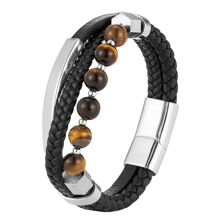 Buddha Stones Tiger Eye Bead Multi-layered Grounding Leather Buckle Bracelet