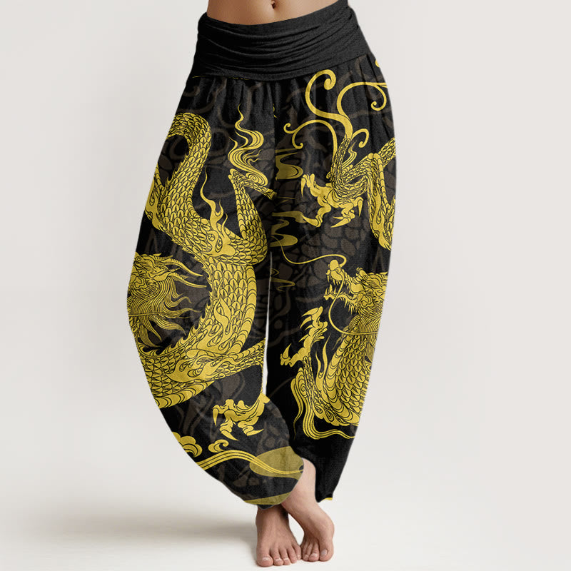 Buddha Stones Dragon Auspicious Clouds Women's Elastic Waist Harem Pants - Black - US22，UK/AU26，EU54 (6XL) - image 1