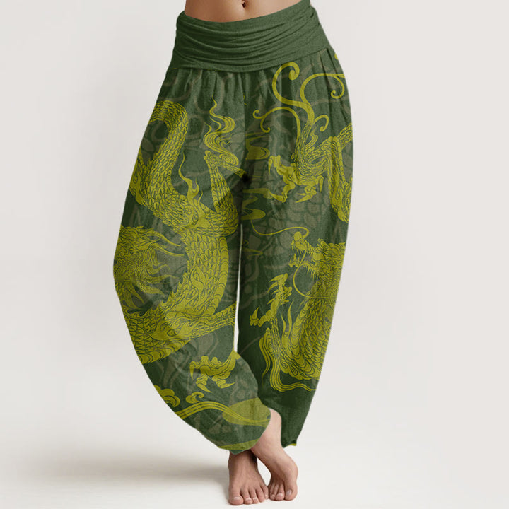 Buddha Stones Dragon Auspicious Clouds Women's Elastic Waist Harem Pants