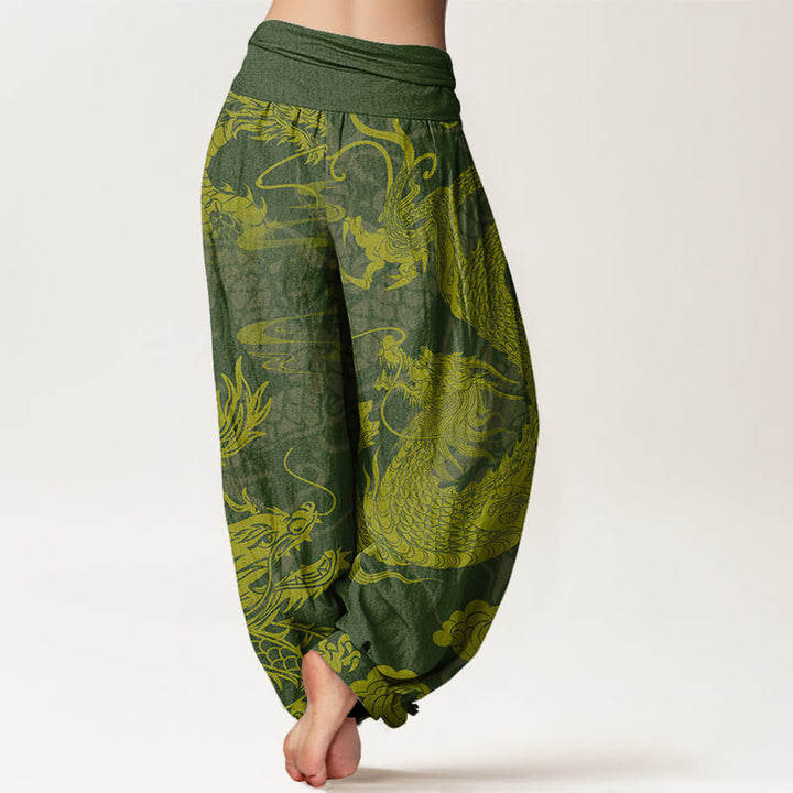 Buddha Stones Dragon Auspicious Clouds Women's Elastic Waist Harem Pants