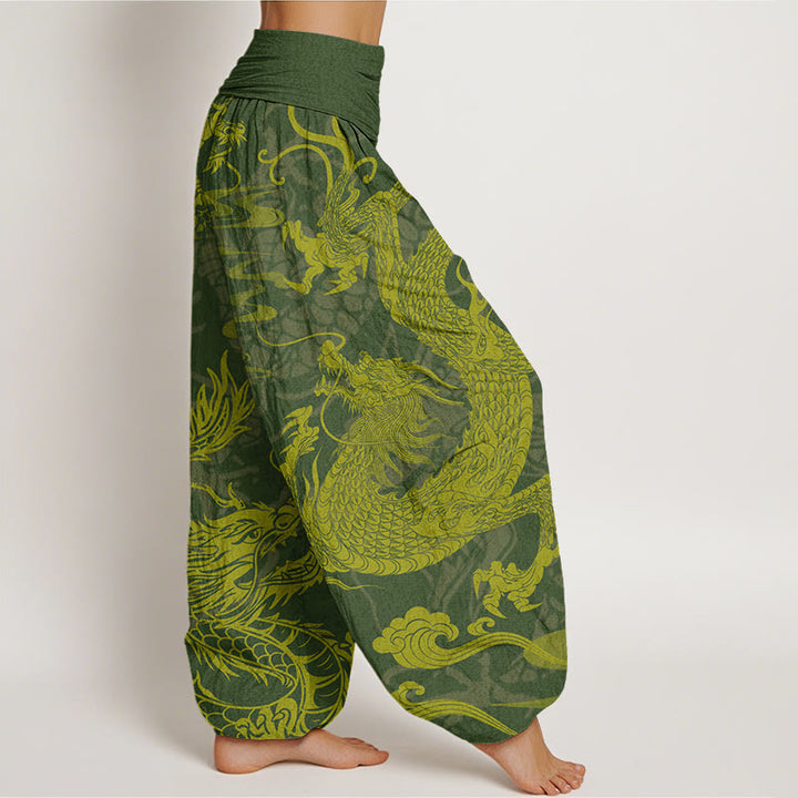 Buddha Stones Dragon Auspicious Clouds Women's Elastic Waist Harem Pants